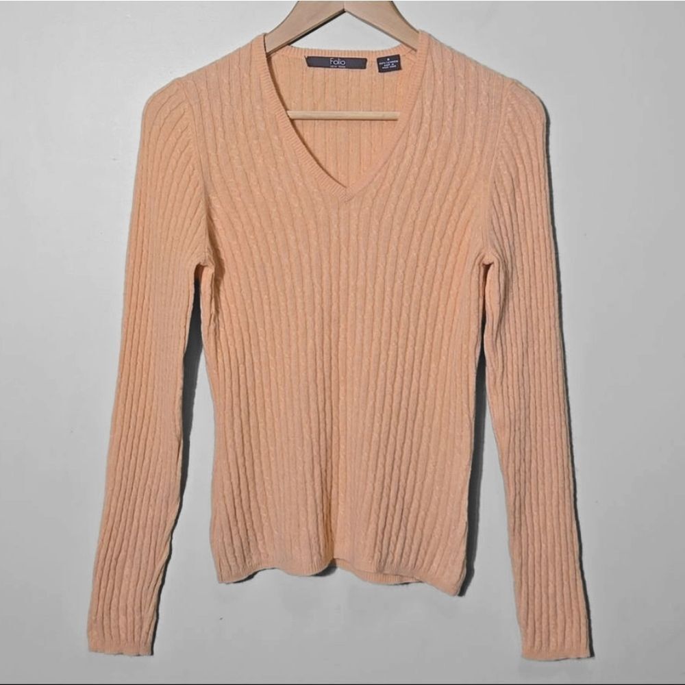 100% Cashmere Cable Knit‎ V-neck Sweater Size S Twee Preppy